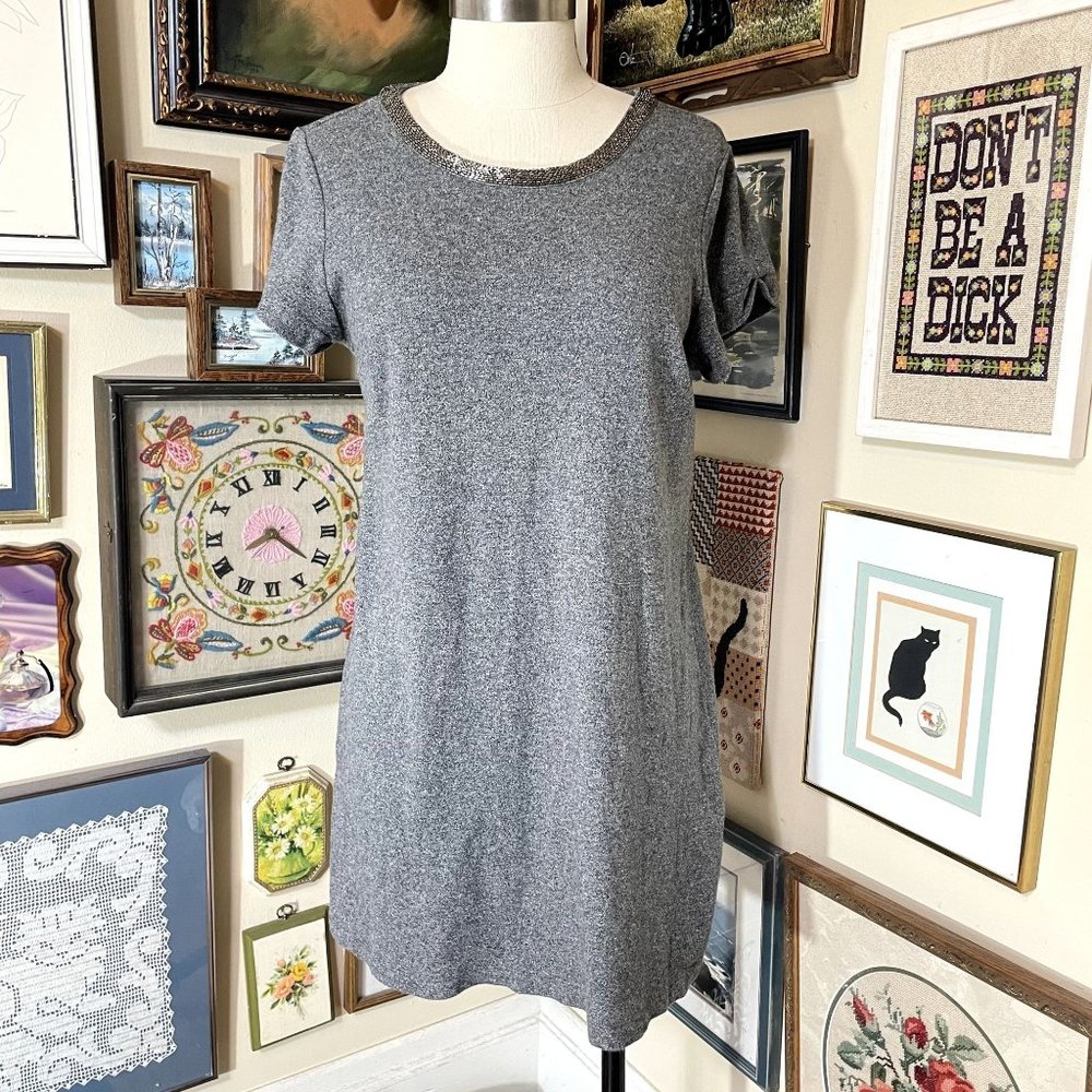 Ann Taylor Loft Gray Cotton Knit Short Sleeve Stretch Mini Dress with Beading XL